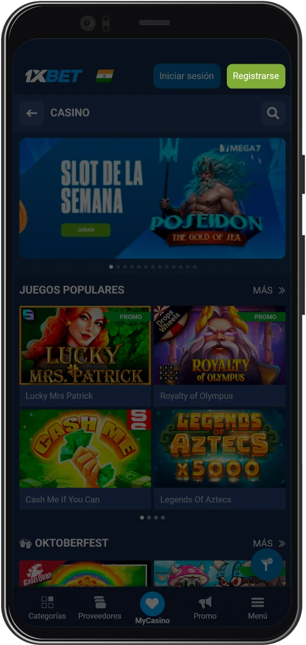Pantalla de inicio de la app 1xBet con el botón Registrarse visible.