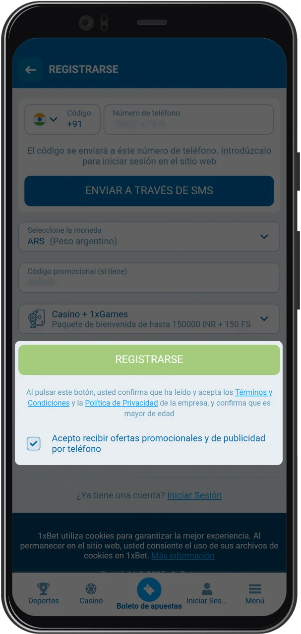 Confirmación del registro exitoso en la app 1xBet lista para jugar.
