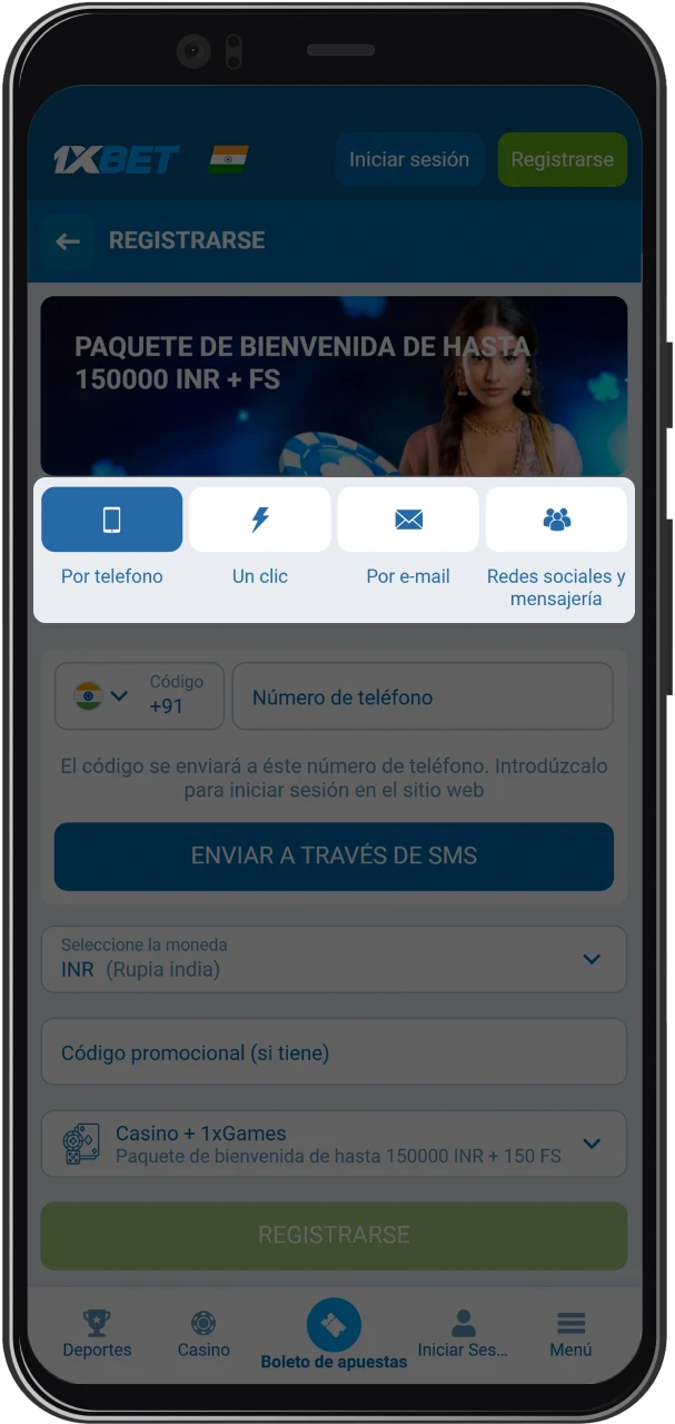 Menú de la aplicación mostrando las opciones de registro disponibles.