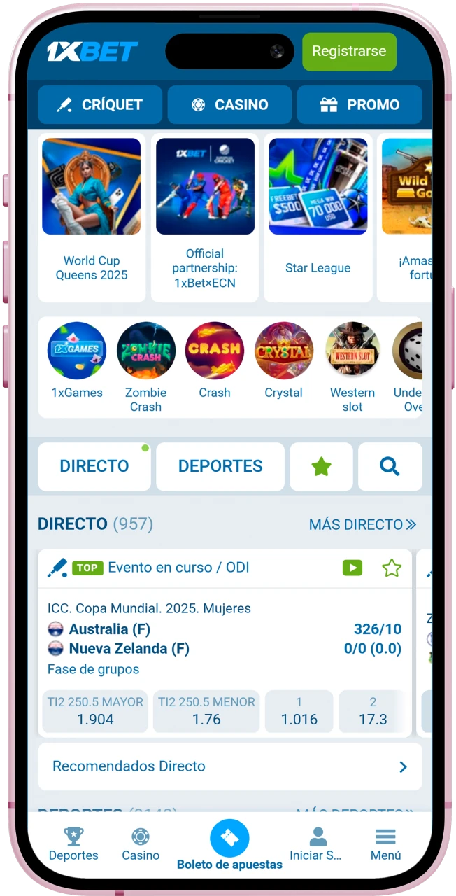 Abrí la app oficial de 1xBet en tu iPhone o iPad e iniciá sesión o registrate para empezar a apostar y jugar.
