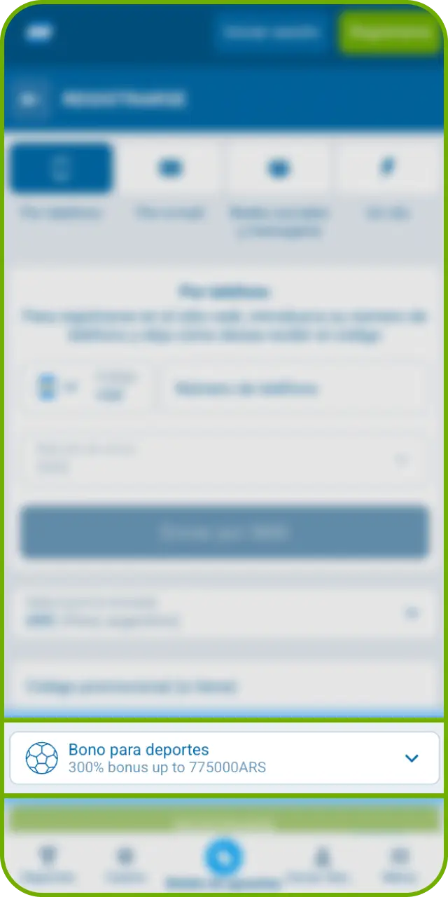 Elige tu bonificación favorita durante el registro por teléfono dentro de 1xBet.